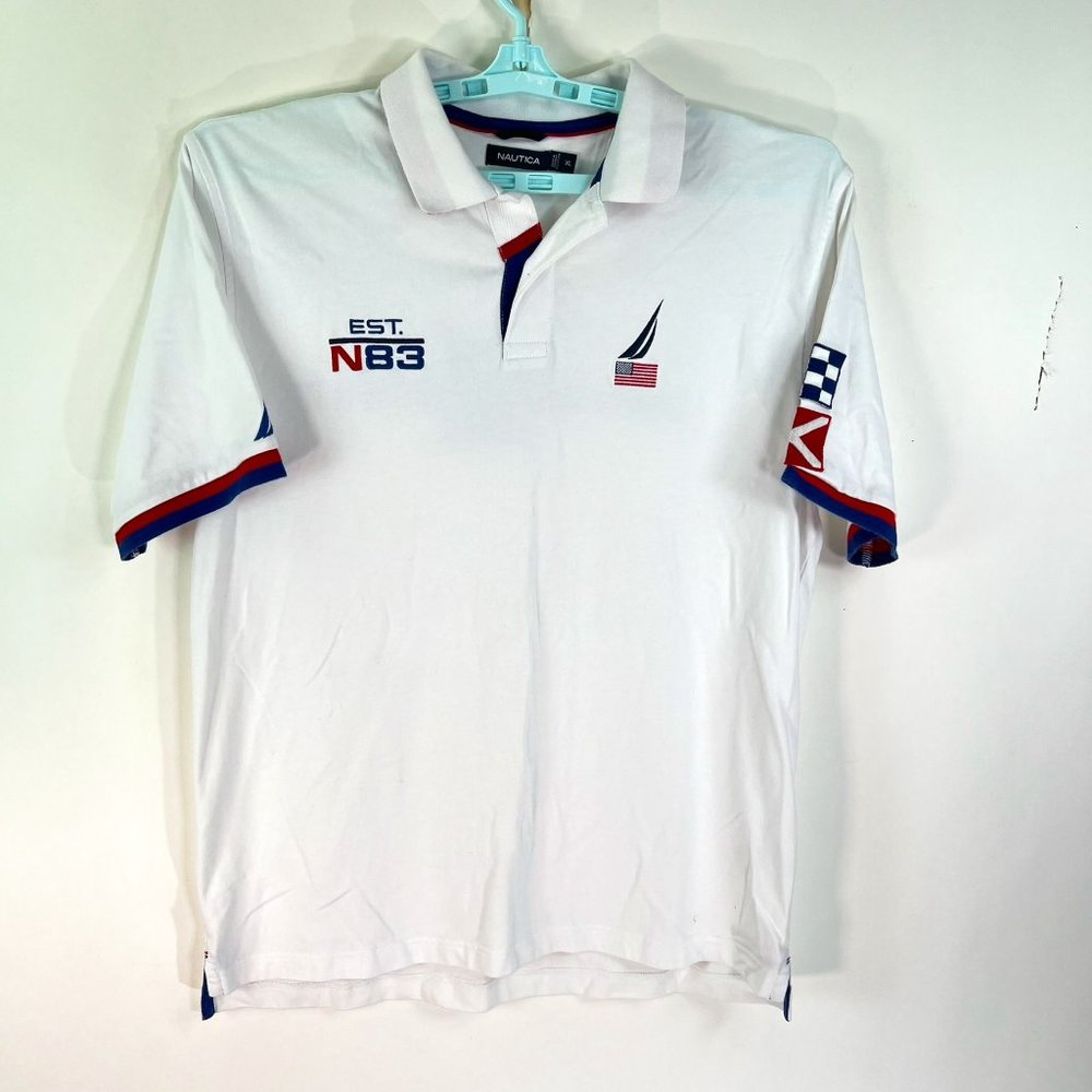 Nautica Vintage Mens Rugby Polo Shirt Sailing USA Flag Embroidered Size XL